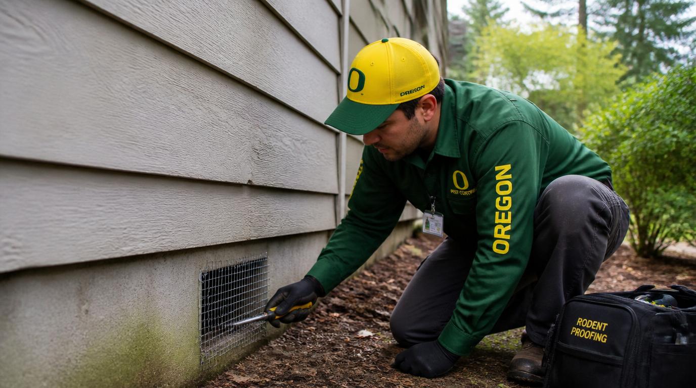 A pest control technician in Oregon green and gold installing galvanized hardware cloth over a foundation vent on a Eugene home