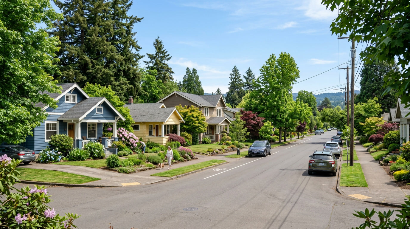 A tree-lined street in Eugene's Amazon neighborhood with classic craftsman bungalows, mature landscaping, and Pacific Northwest housing stock
