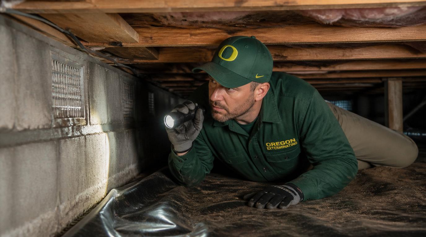 A pest control technician in Oregon green inspecting a Eugene crawl space with a flashlight, checking the foundation vent and vapor barrier