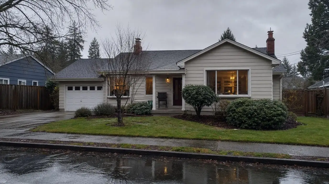 A classic Eugene ranch home on a wet winter afternoon, illustrating the Pacific Northwest housing stock the guide covers