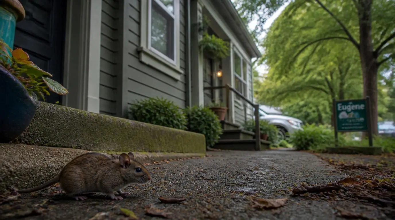 A field mouse on a wet Eugene porch step at the edge of an older Pacific Northwest home