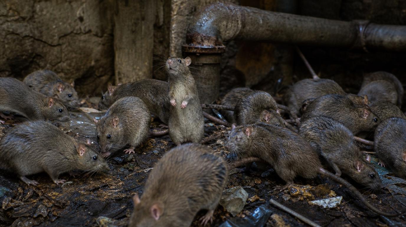 A Norway rat colony swarming a sheltered ground-level food source. The kind of population that establishes when a Eugene compost pile is left unsecured.