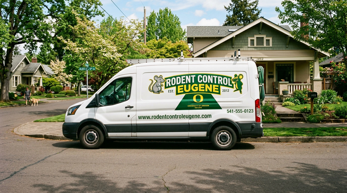 A Rodent Control Eugene service van parked on a residential street in front of a classic Eugene craftsman home