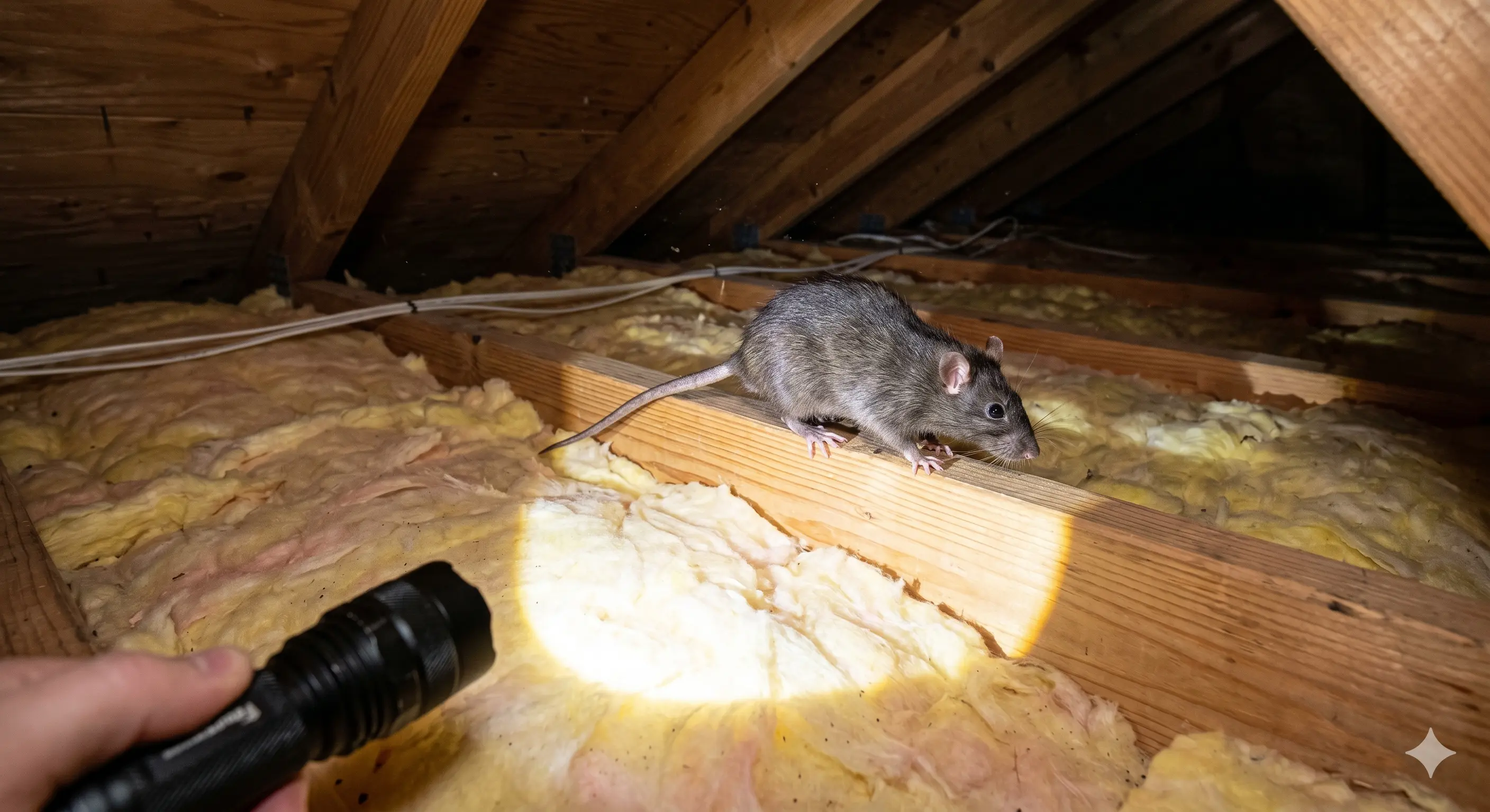 Roof rat on attic framing illuminated by a technician's flashlight in a Eugene home